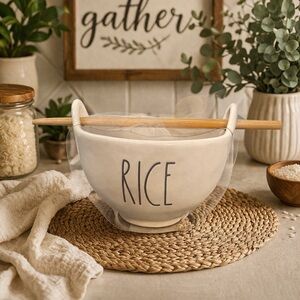 Rae Dunn White Ceramic Bowl with Wooden Chopsticks